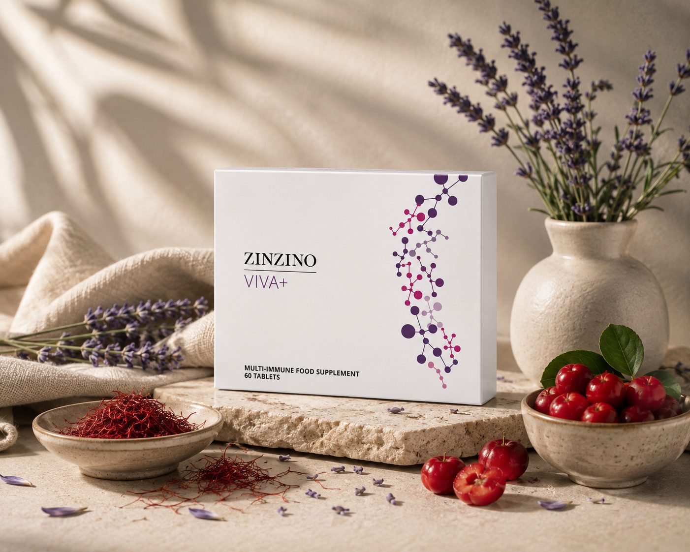 Zinzino Viva+ étrend-kiegészítő természetes környezetben, levendulával és sáfránnyal